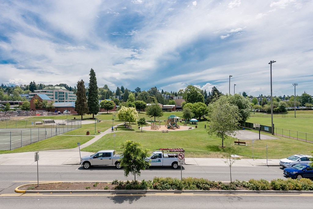 a park with a playground and cars parked on the side of the road