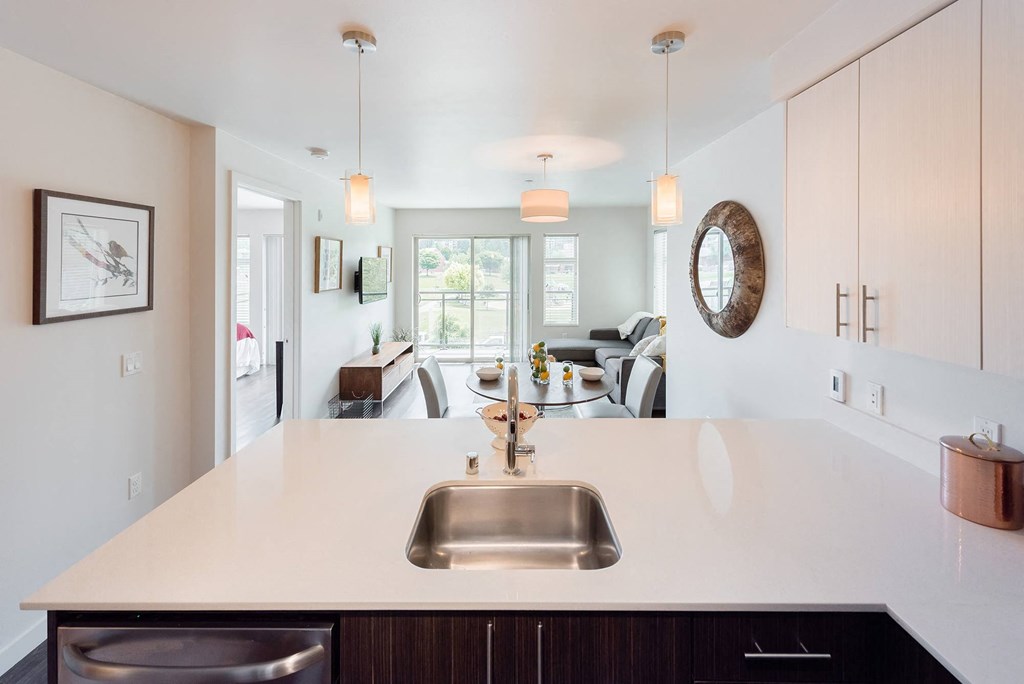 a view of the kitchen and living room from behind the counter