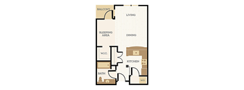 A floor plan of an apartment with a living area, dining area, kitchen, bath, and sleeping area.