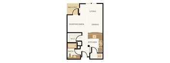 A floor plan of a house with a balcony, living room, dining room, kitchen, sleeping area, bathroom, and a workspace.
