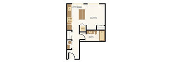 A floor plan of a home with a kitchen, living room, and bathroom.