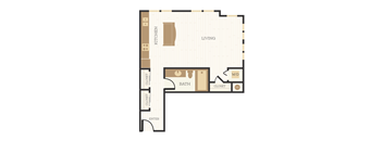 A floor plan of a living space with a kitchen, bathroom, and closets.