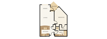 A floor plan of a house with a living room, dining room, kitchen, bedroom, bathroom, and balcony.