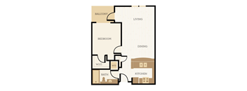 A floor plan of a house with a balcony, bedroom, bath, living room, dining room, and kitchen.