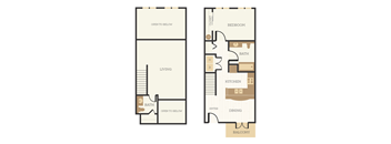 A floor plan of a two-story apartment with a living room, dining room, kitchen, and bedrooms.