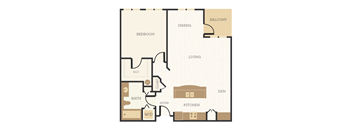 A floor plan of a house with a bedroom, bathroom, kitchen, dining room, living room, and balcony.
