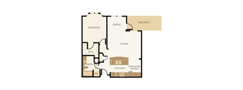 A floor plan of a house with a living room, dining room, kitchen, den/home office, and two bedrooms.