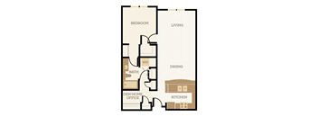 A floor plan of a home with a living room, dining room, kitchen, den/home office, and bathroom.