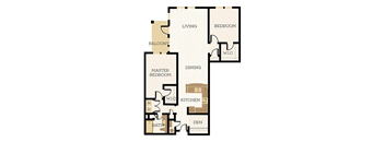 A floor plan of a house with a living room, dining room, kitchen, and multiple bedrooms.