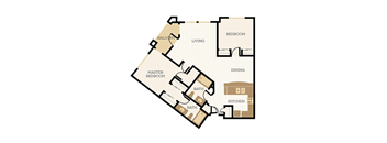 A floor plan of a house with a master bedroom, living room, dining room, kitchen, and two bathrooms.