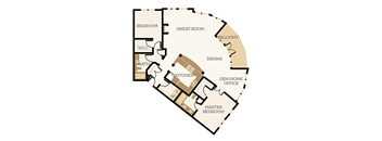 A floor plan of a house with a master bedroom, two other bedrooms, a great room, a balcony, a den/home office, a dining area, and a kitchen.