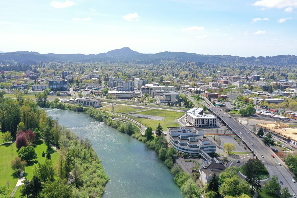 an aerial view of the city with a river