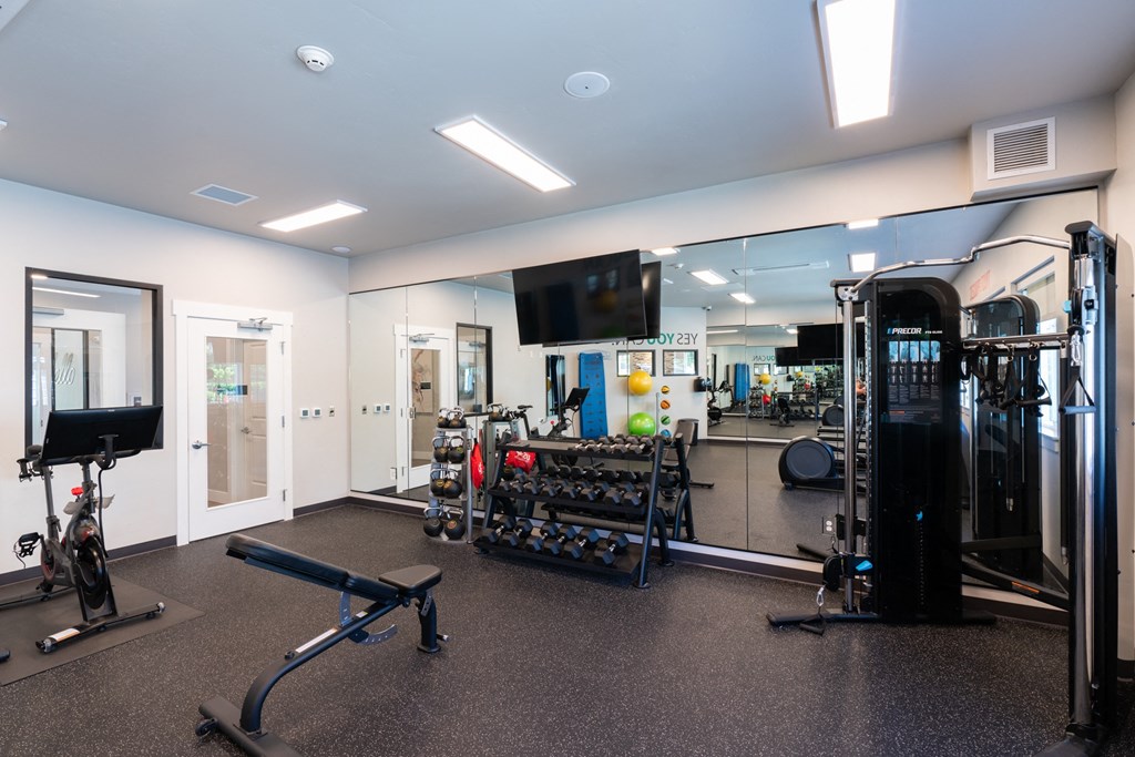 a gym with weights and cardio equipment and a tv