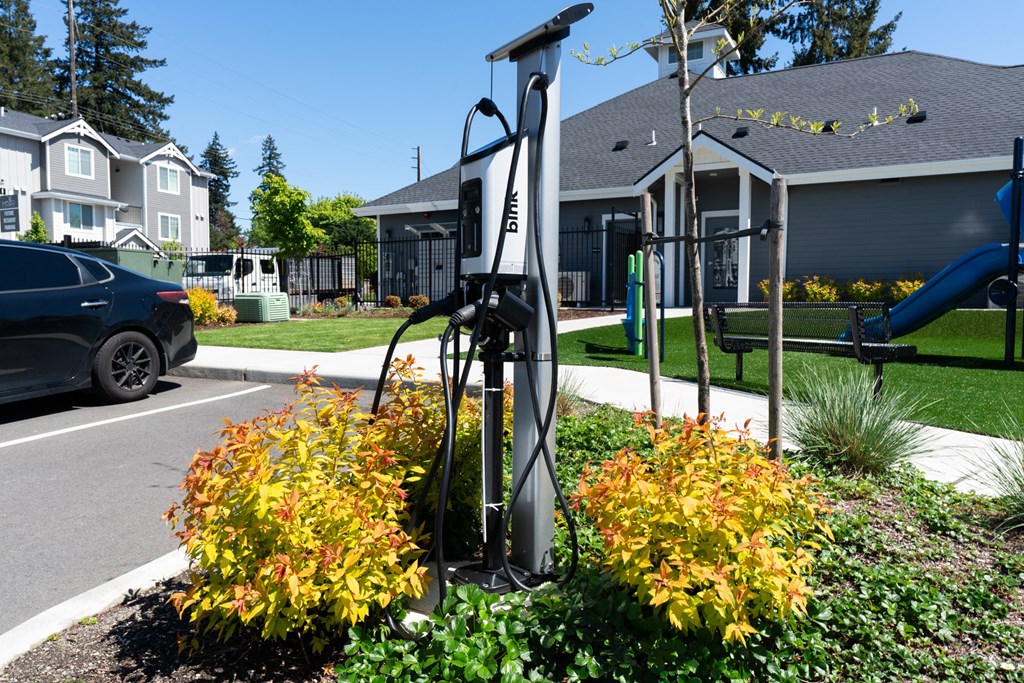 a bike pump in a garden in front of a house