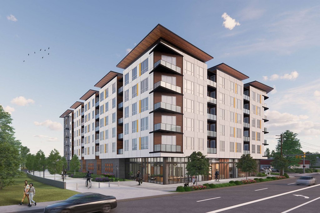 a rendering of an apartment building on a city street