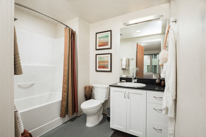 a bathroom with a toilet sink and shower and a mirror