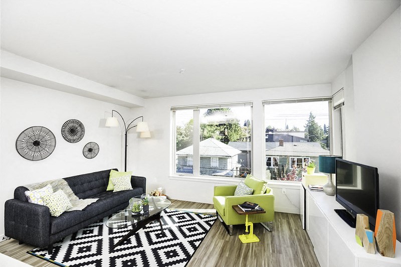 a living room with a black and white rug and a couch