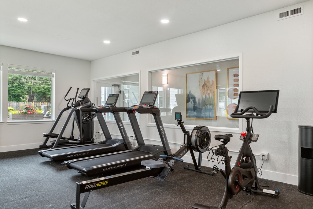 A home gym with a treadmill, rowing machine, and exercise bike.