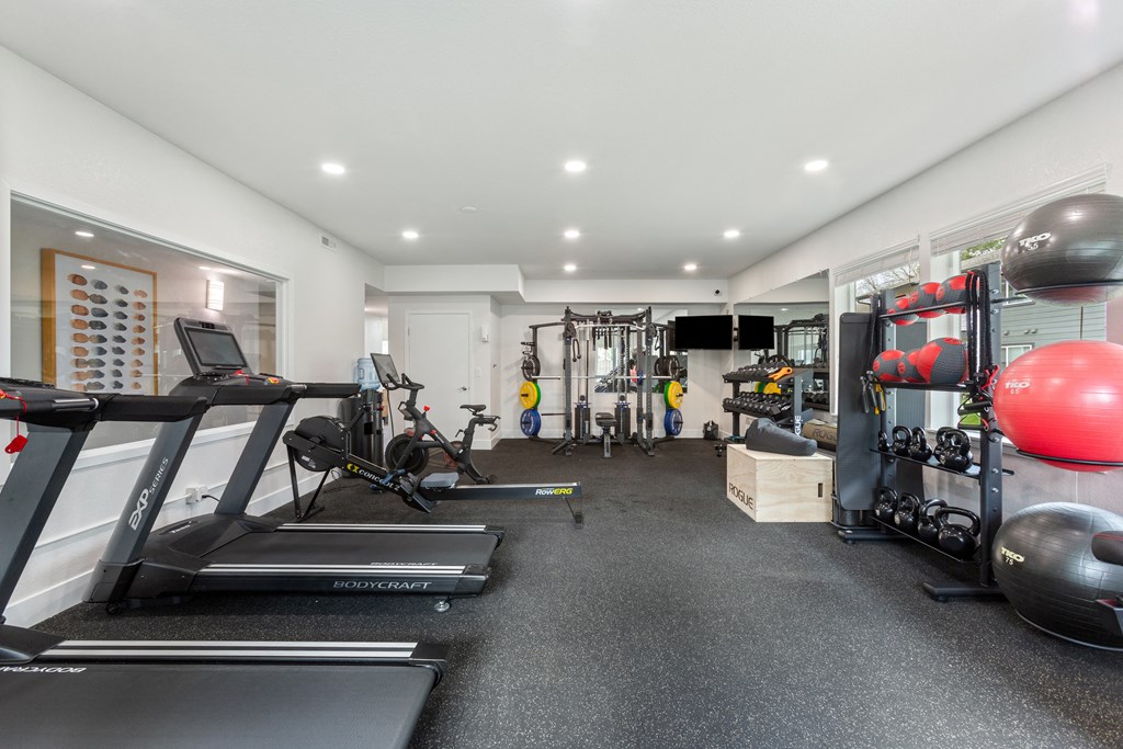 A gym with treadmills, weights, and exercise equipment.