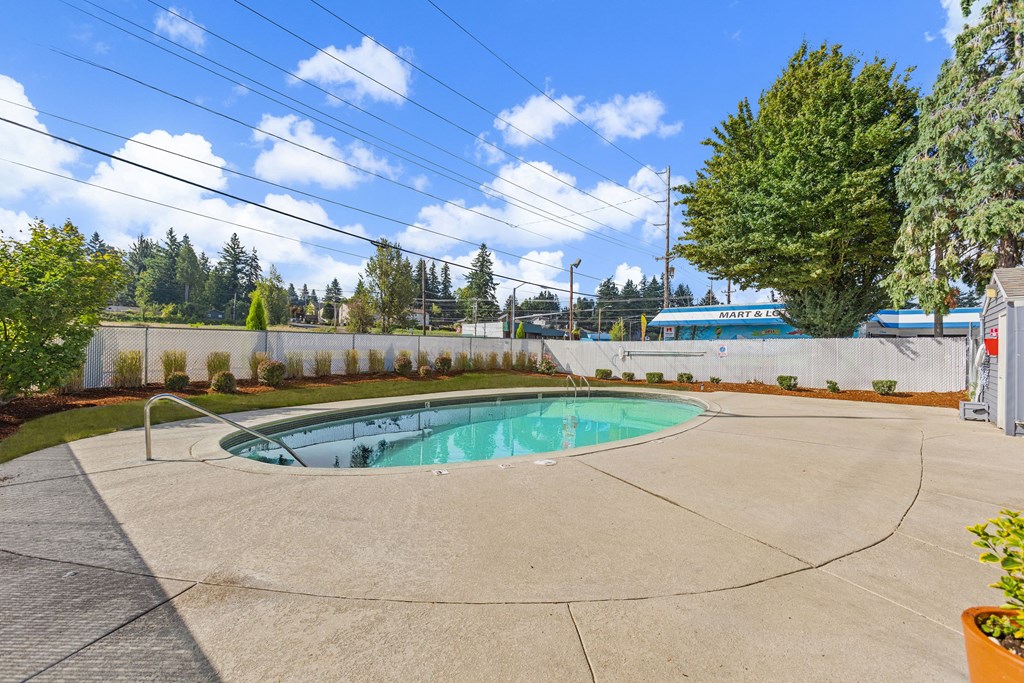 A small pool in a backyard with a concrete floor.