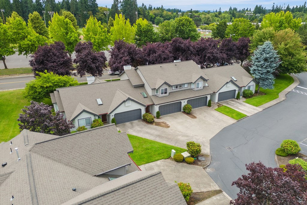 A suburban neighborhood with houses and trees.