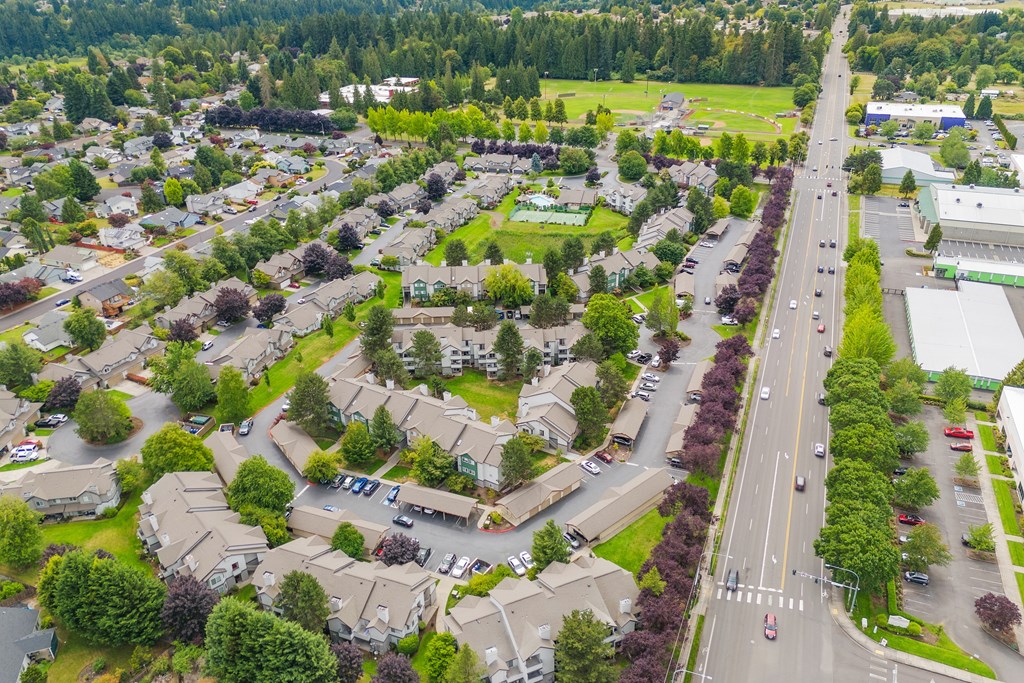 A suburban area with a road running through it.