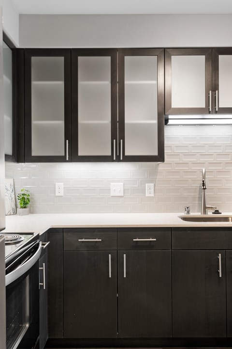 A kitchen with black cabinets and a white counter.
