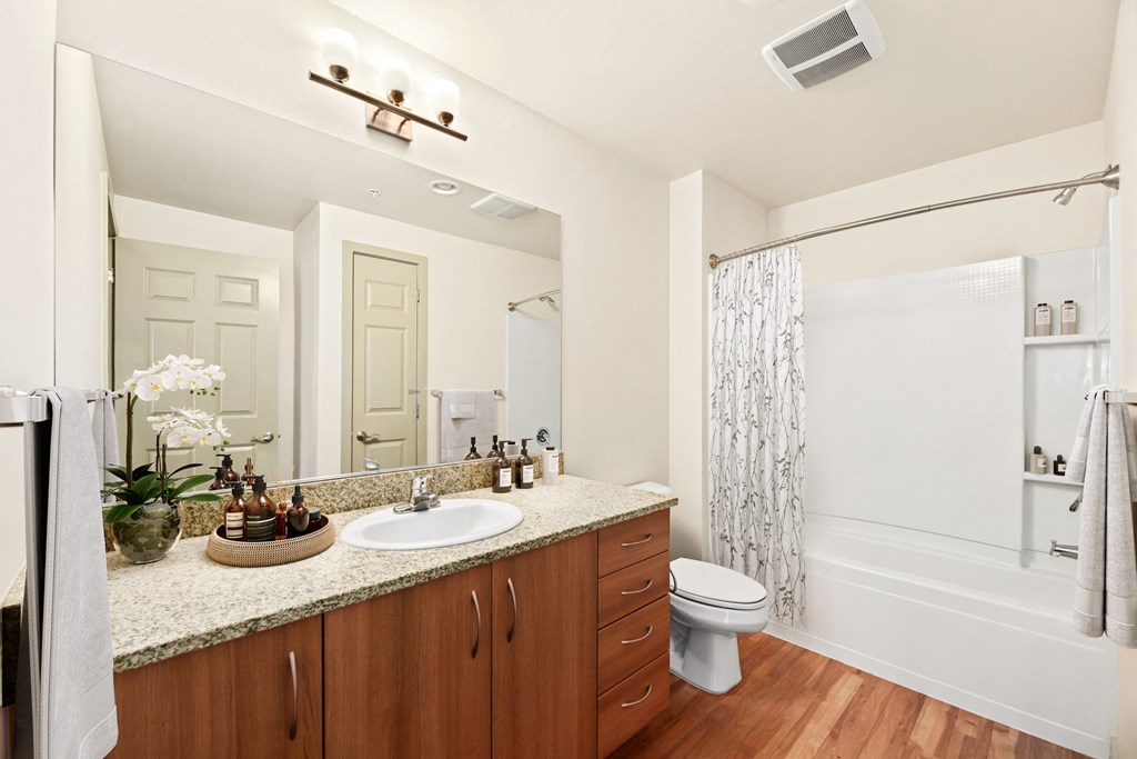 a bathroom with a large mirror and a sink and a toilet