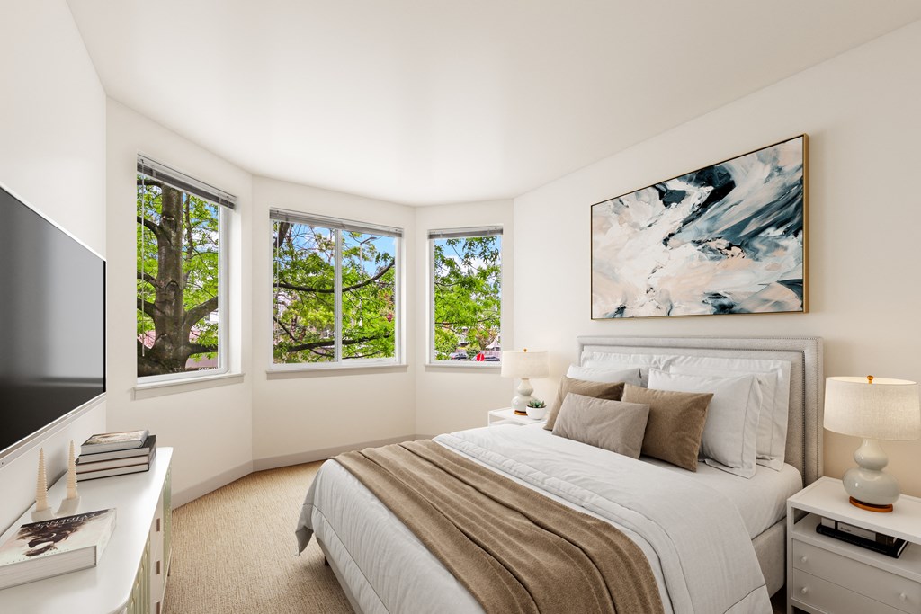 a bedroom with a bed and a tv and windows