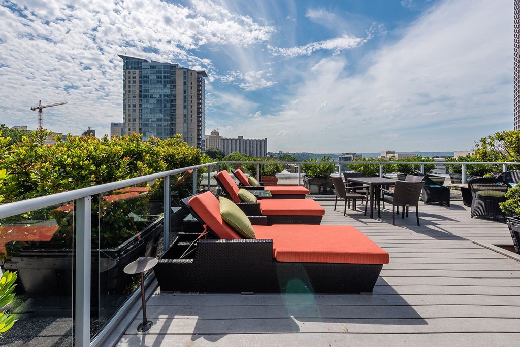 a roof deck with couches and tables