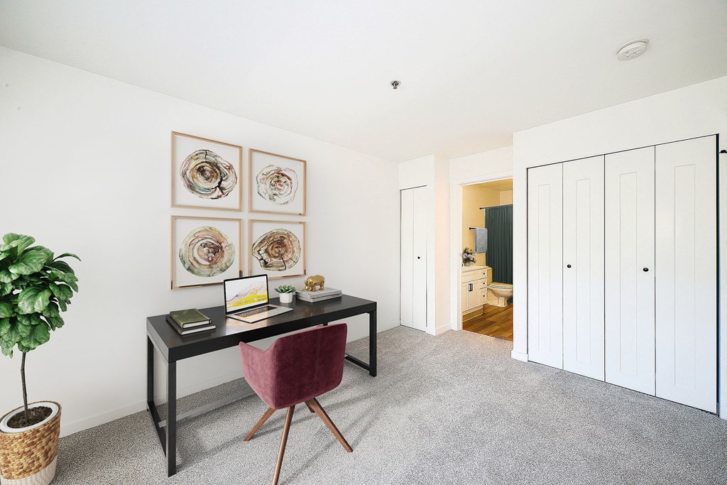 a bedroom with a desk and a chair and a closet