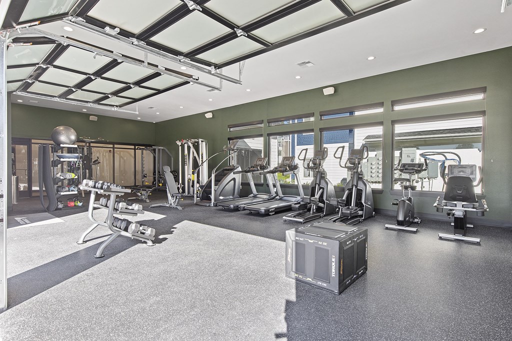 A spacious gym with a variety of equipment.