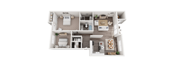 A top-down view of a small apartment with a kitchen, living room, and bedroom.