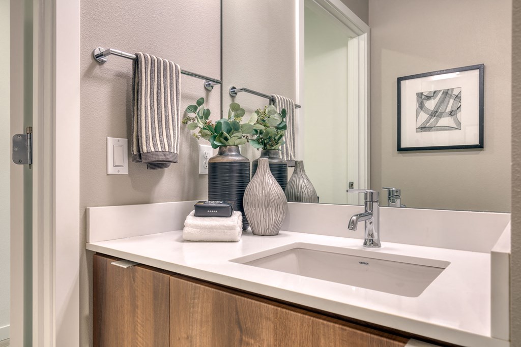 upgraded bathroom counter with sink and mirror at the district flats apartments
