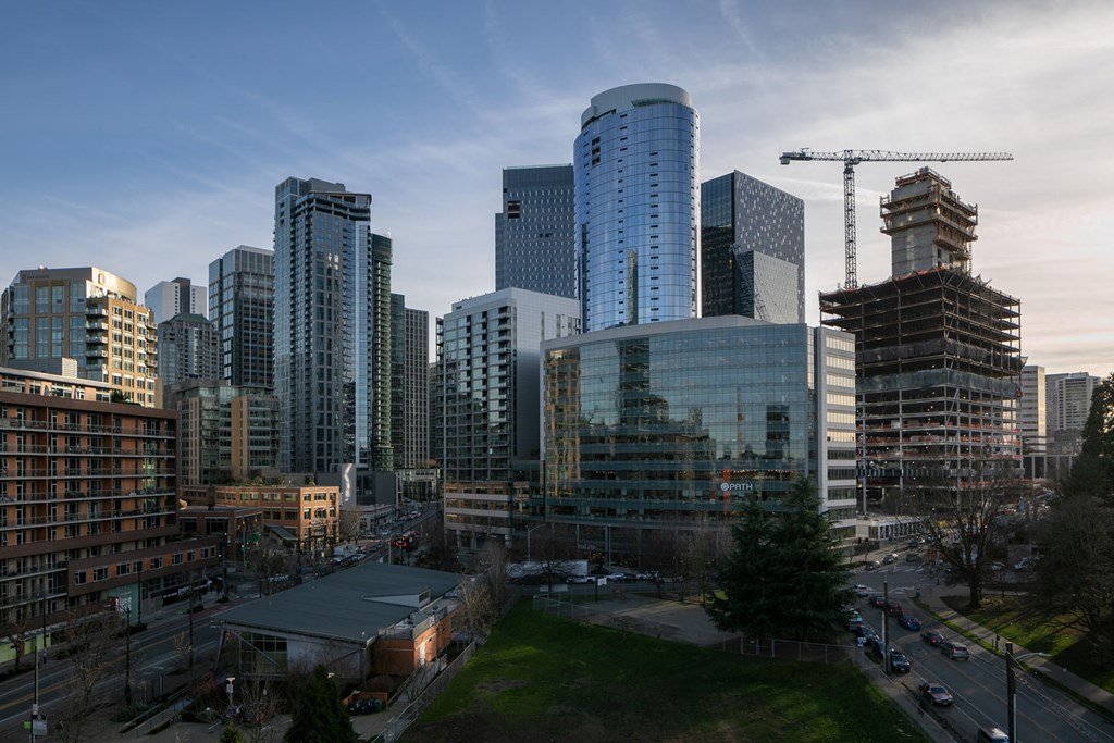 a view of the city at dusk