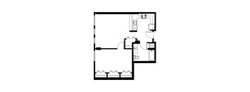 A floor plan of a house with a kitchen, living room, and bathroom.