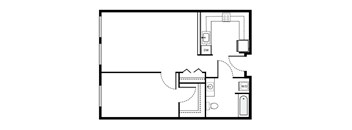 A floor plan of a house with a kitchen, living room, and two bedrooms.