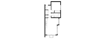 A black and white floor plan of a house with a kitchen, living room, and two bedrooms.
