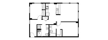A floor plan of a house with a kitchen, living room, and bathroom.