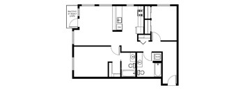 A floor plan of a house with a balcony at the top left corner.