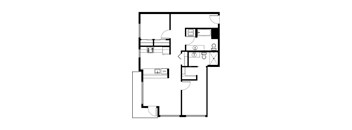 A floor plan of a house with a kitchen, living room, and two bedrooms.