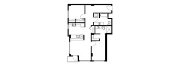 A floor plan of a house with a kitchen, living room, and two bedrooms.