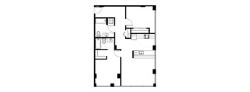 A floor plan of a house with a kitchen, living room, and two bathrooms.