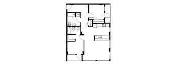 A floor plan of a house with a kitchen, living room, and bathrooms.
