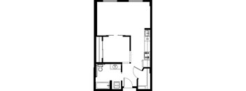 A floor plan of a room with a toilet, sink, and a kitchenette.