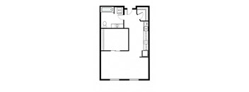 A floor plan of a room with a kitchen area and a bathroom.