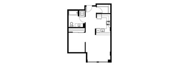 A floor plan of a house with a kitchen, living room, and two bathrooms.