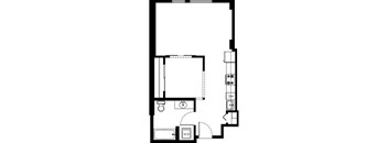 A floor plan of a room with a kitchen area, a bathroom, and a living room.