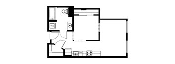 A floor plan of a room with a kitchen area, a bathroom, and a living room.