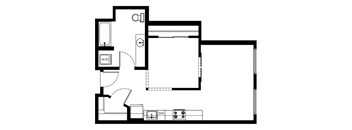 A floor plan of a room with a kitchen area, a bathroom, and a living room.